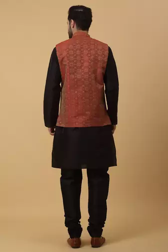 Men's black kurta and churidar with jacquard ethnic motifs printed nehru jacket