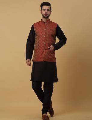 Men's black kurta and churidar with jacquard ethnic motifs printed nehru jacket 4