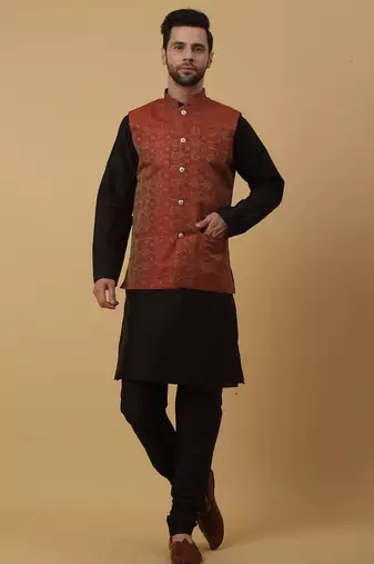 Men's black kurta and churidar with jacquard ethnic motifs printed nehru jacket
