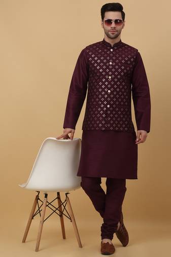 Men's purple kurta and churidar with sequenced cotton silk nehru jacket