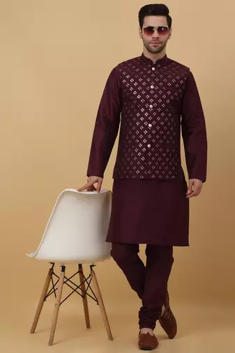 Men's purple kurta and churidar with sequenced cotton silk nehru jacket
