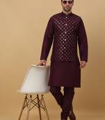 Men's purple kurta and churidar with sequenced cotton silk nehru jacket