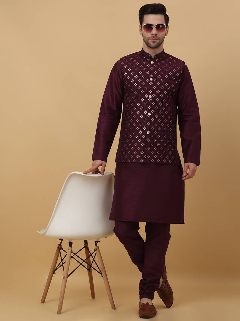 Men's purple kurta and churidar with sequenced cotton silk nehru jacket