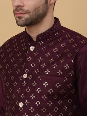 Men's purple kurta and churidar with sequenced cotton silk nehru jacket 2