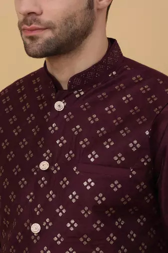 Men's purple kurta and churidar with sequenced cotton silk nehru jacket