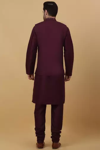 Men's purple kurta and churidar with sequenced cotton silk nehru jacket