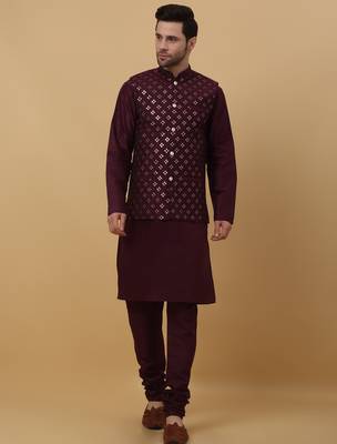 Men's purple kurta and churidar with sequenced cotton silk nehru jacket 4