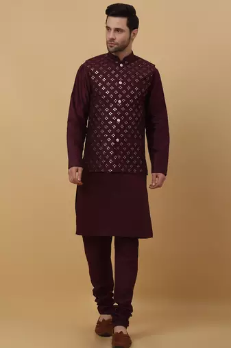 Men's purple kurta and churidar with sequenced cotton silk nehru jacket