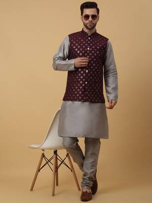 Men's grey kurta and churidar with sequenced cotton silk nehru jacket 1