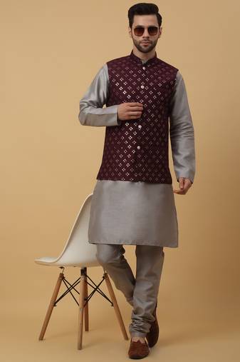 Men's grey kurta and churidar with sequenced cotton silk nehru jacket
