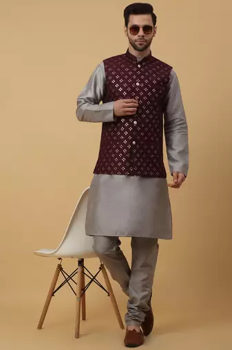 Men's grey kurta and churidar with sequenced cotton silk nehru jacket
