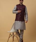 Men's grey kurta and churidar with sequenced cotton silk nehru jacket