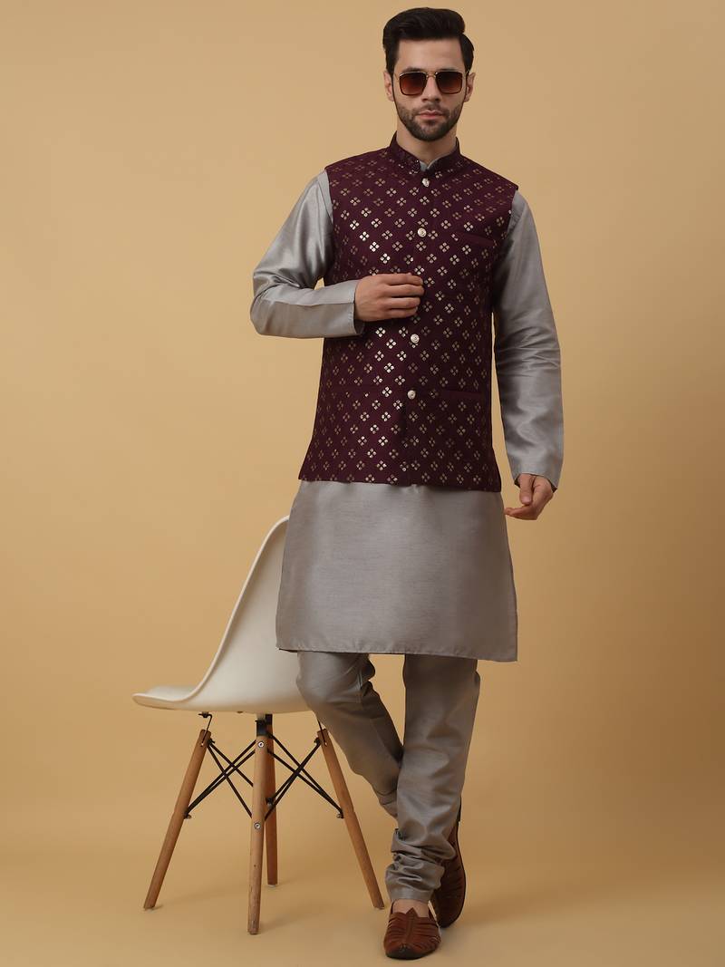 Men's grey kurta and churidar with sequenced cotton silk nehru jacket