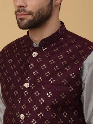 Men's grey kurta and churidar with sequenced cotton silk nehru jacket 2