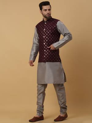 Men's grey kurta and churidar with sequenced cotton silk nehru jacket 4
