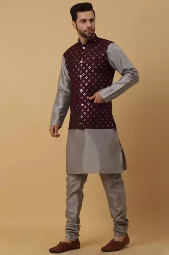 Men's grey kurta and churidar with sequenced cotton silk nehru jacket