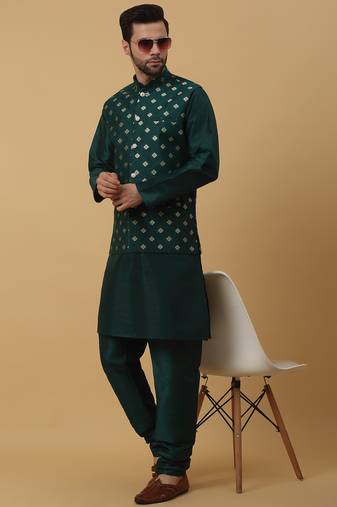 Men's green kurta and churidar with jacquard ethnic nehru jacket
