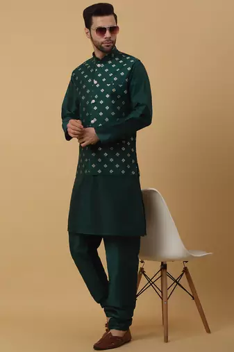 Men's green kurta and churidar with jacquard ethnic nehru jacket