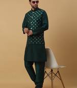 Men's green kurta and churidar with jacquard ethnic nehru jacket