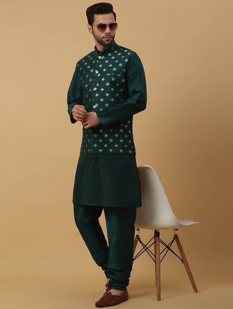 Men's green kurta and churidar with jacquard ethnic nehru jacket