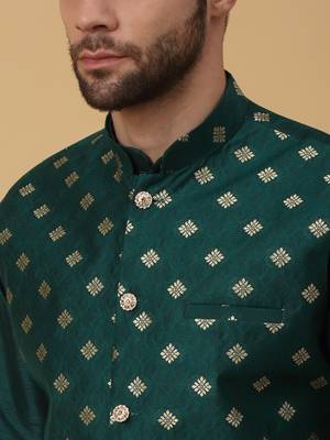 Men's green kurta and churidar with jacquard ethnic nehru jacket 2