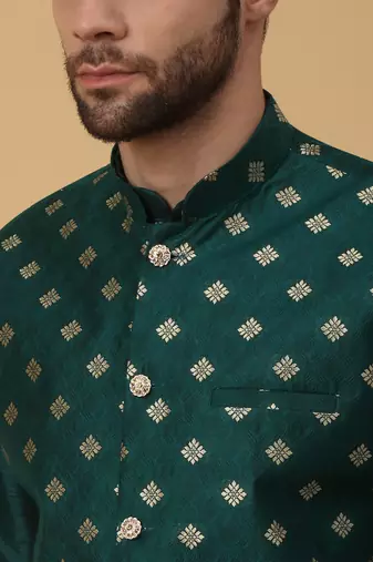 Men's green kurta and churidar with jacquard ethnic nehru jacket