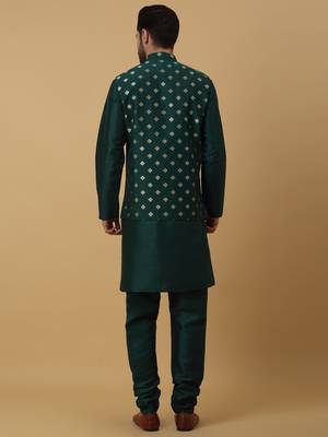 Men's green kurta and churidar with jacquard ethnic nehru jacket 3