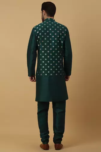 Men's green kurta and churidar with jacquard ethnic nehru jacket