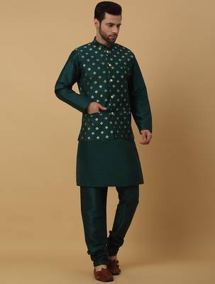Men's green kurta and churidar with jacquard ethnic nehru jacket 4