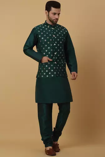 Men's green kurta and churidar with jacquard ethnic nehru jacket