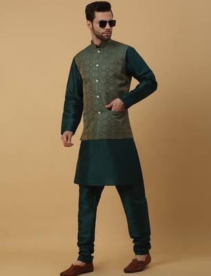 Men's green kurta and churidar with jacquard ethnic motifs printed nehru jacket 1