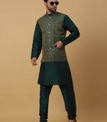 Men's green kurta and churidar with jacquard ethnic motifs printed nehru jacket