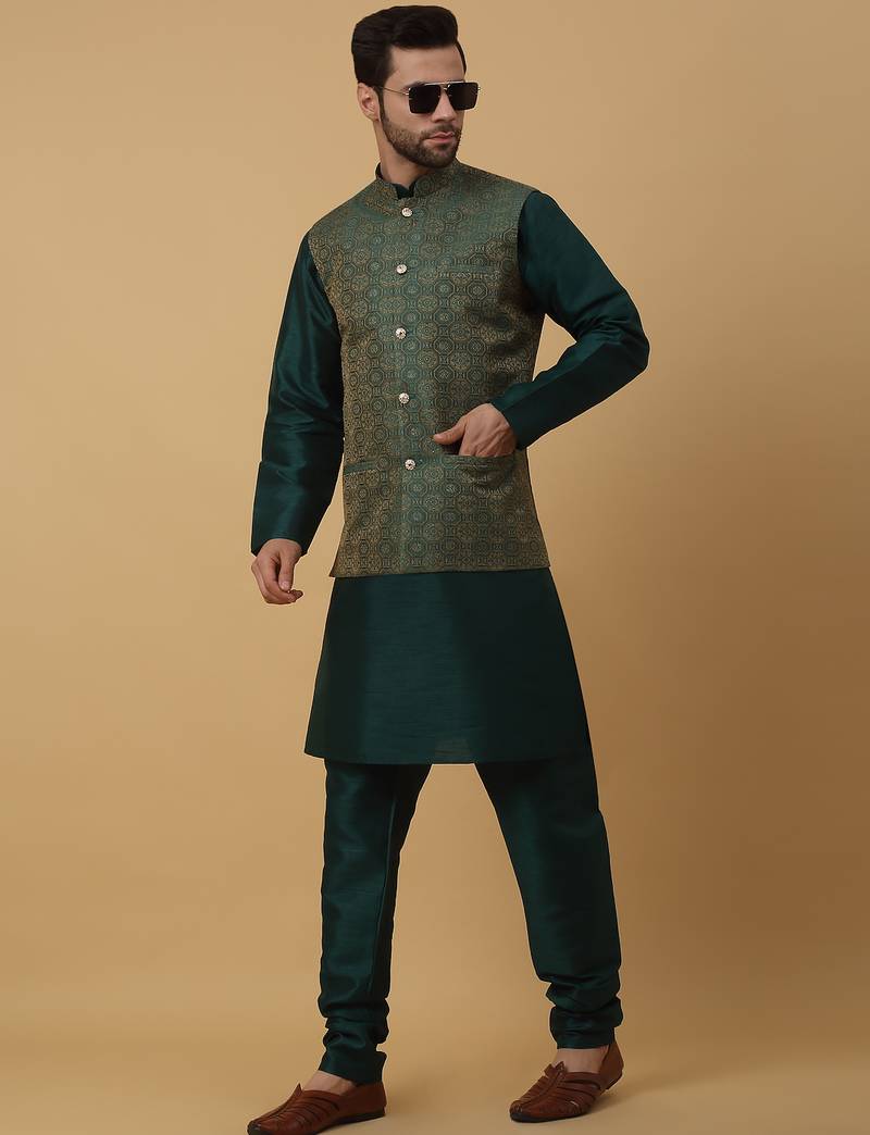 Men's green kurta and churidar with jacquard ethnic motifs printed nehru jacket