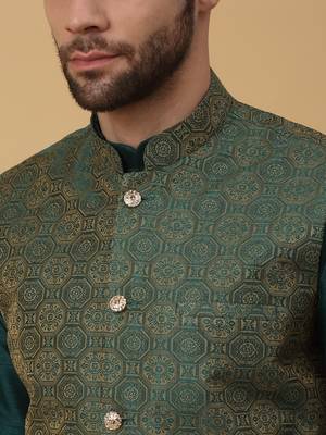 Men's green kurta and churidar with jacquard ethnic motifs printed nehru jacket 2