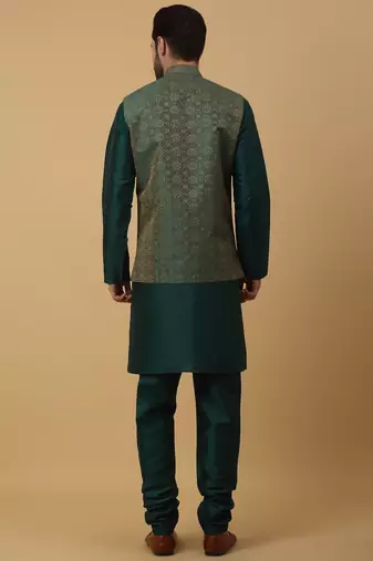 Men's green kurta and churidar with jacquard ethnic motifs printed nehru jacket