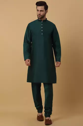 Men's green kurta and churidar with jacquard ethnic motifs printed nehru jacket