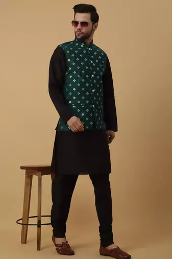 Men's black kurta and churidar with jacquard ethnic nehru jacket