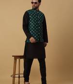Men's black kurta and churidar with jacquard ethnic nehru jacket