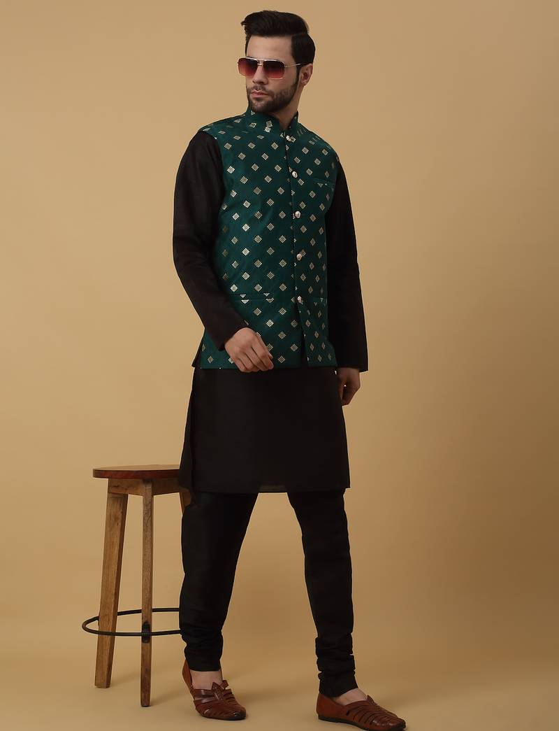Men's black kurta and churidar with jacquard ethnic nehru jacket
