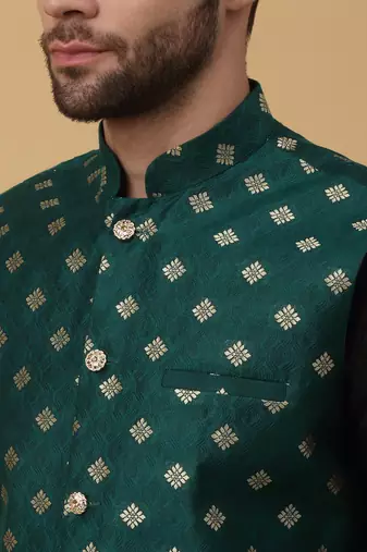 Men's black kurta and churidar with jacquard ethnic nehru jacket