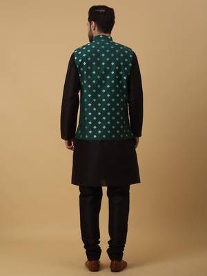 Men's black kurta and churidar with jacquard ethnic nehru jacket 3