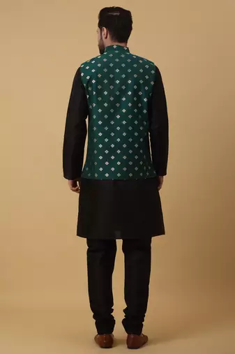 Men's black kurta and churidar with jacquard ethnic nehru jacket
