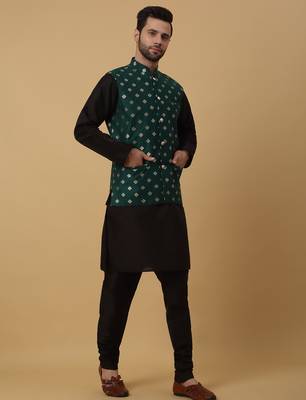 Men's black kurta and churidar with jacquard ethnic nehru jacket 4