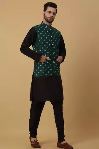 Men's black kurta and churidar with jacquard ethnic nehru jacket