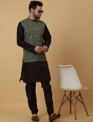 Men's black kurta and churidar with jacquard ethnic motifs printed nehru jacket 1