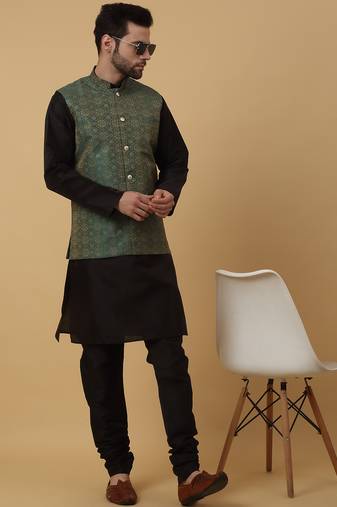 Men's black kurta and churidar with jacquard ethnic motifs printed nehru jacket