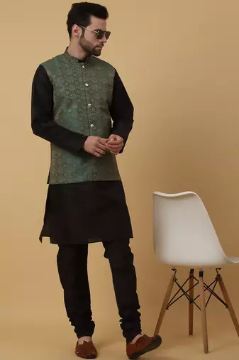 Men's black kurta and churidar with jacquard ethnic motifs printed nehru jacket