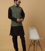 Men's black kurta and churidar with jacquard ethnic motifs printed nehru jacket