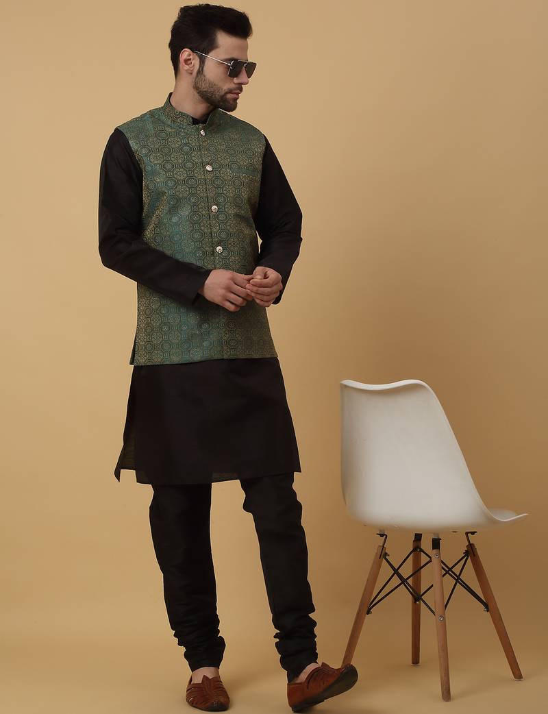 Men's black kurta and churidar with jacquard ethnic motifs printed nehru jacket