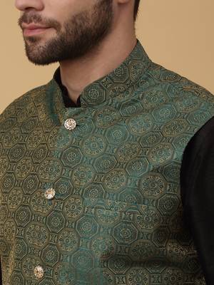 Men's black kurta and churidar with jacquard ethnic motifs printed nehru jacket 2